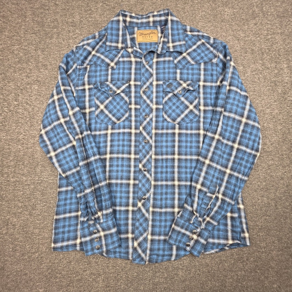 Wrangler Men's Flannel Sz L Western Pearl Snap Cowboy BLUE Plaid Long Sleeve